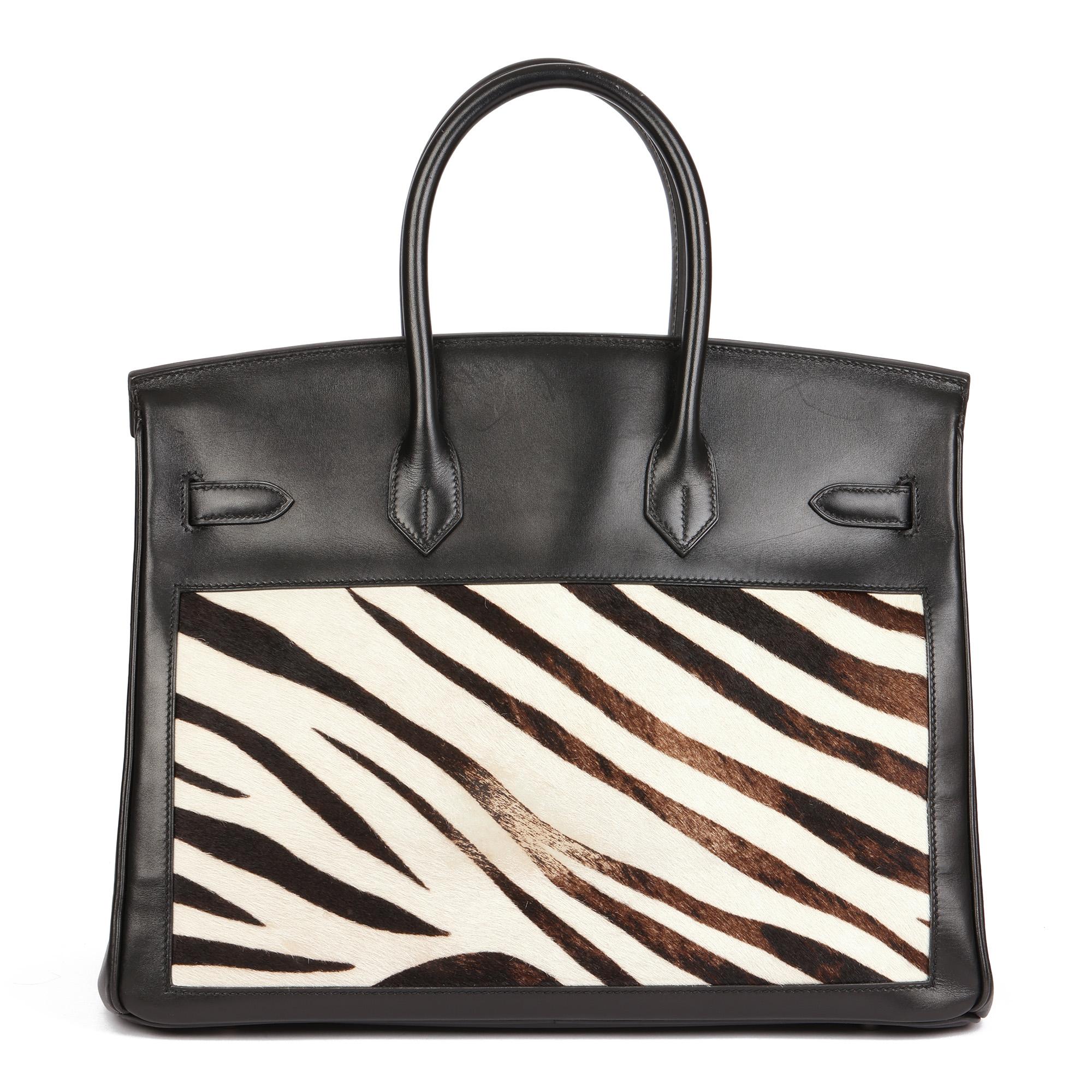 Hermès Black Box Calf Leather & Zebra Print Calfskin Pony Fur Birkin 35cm Pour femmes en vente