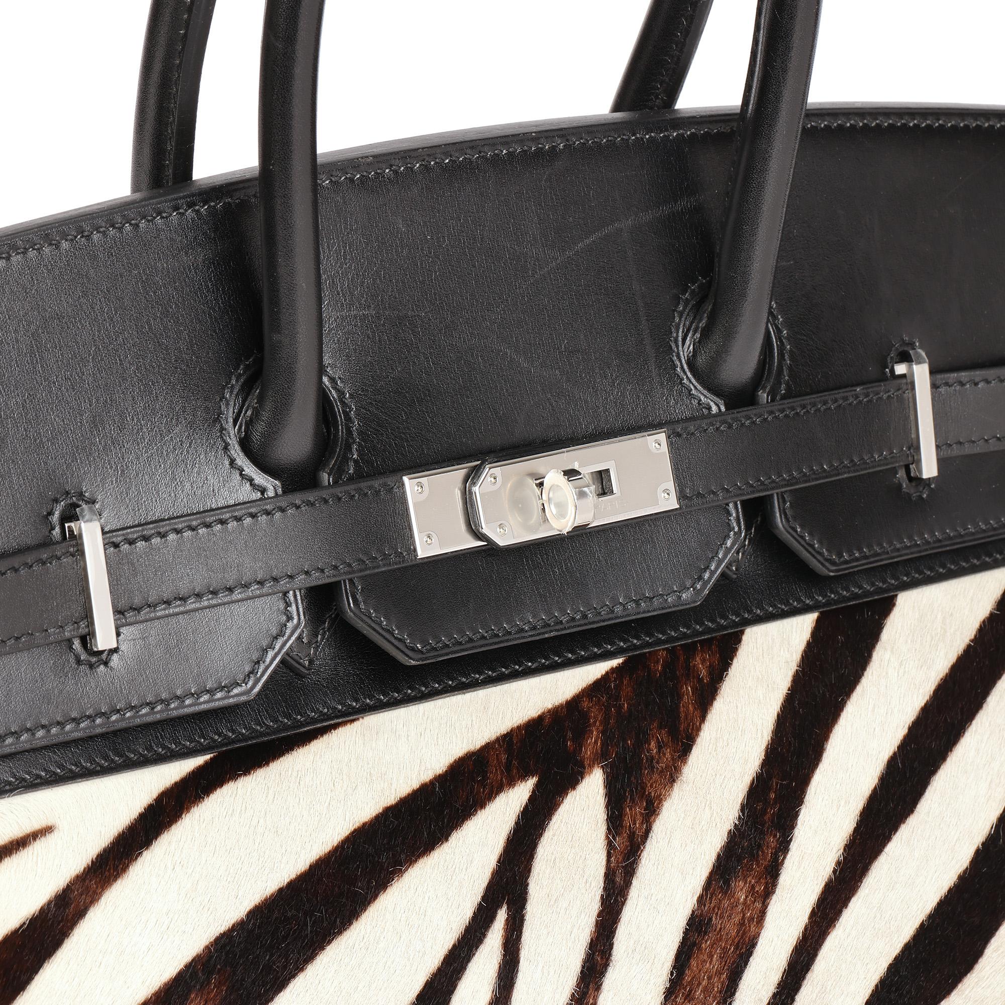 Women's Hermès Black Box Calf Leather & Zebra Print Calfskin PonyFur Birkin 35cmRetourne For Sale
