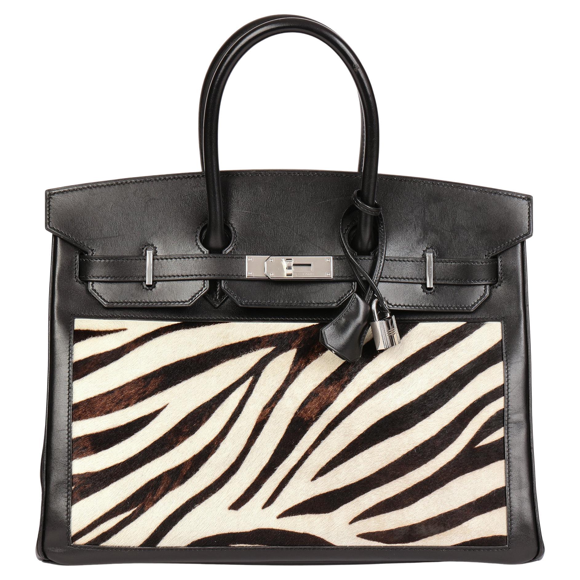 Hermès Black Box Calf Leather & Zebra Print Calfskin PonyFur Birkin 35cmRetourne For Sale