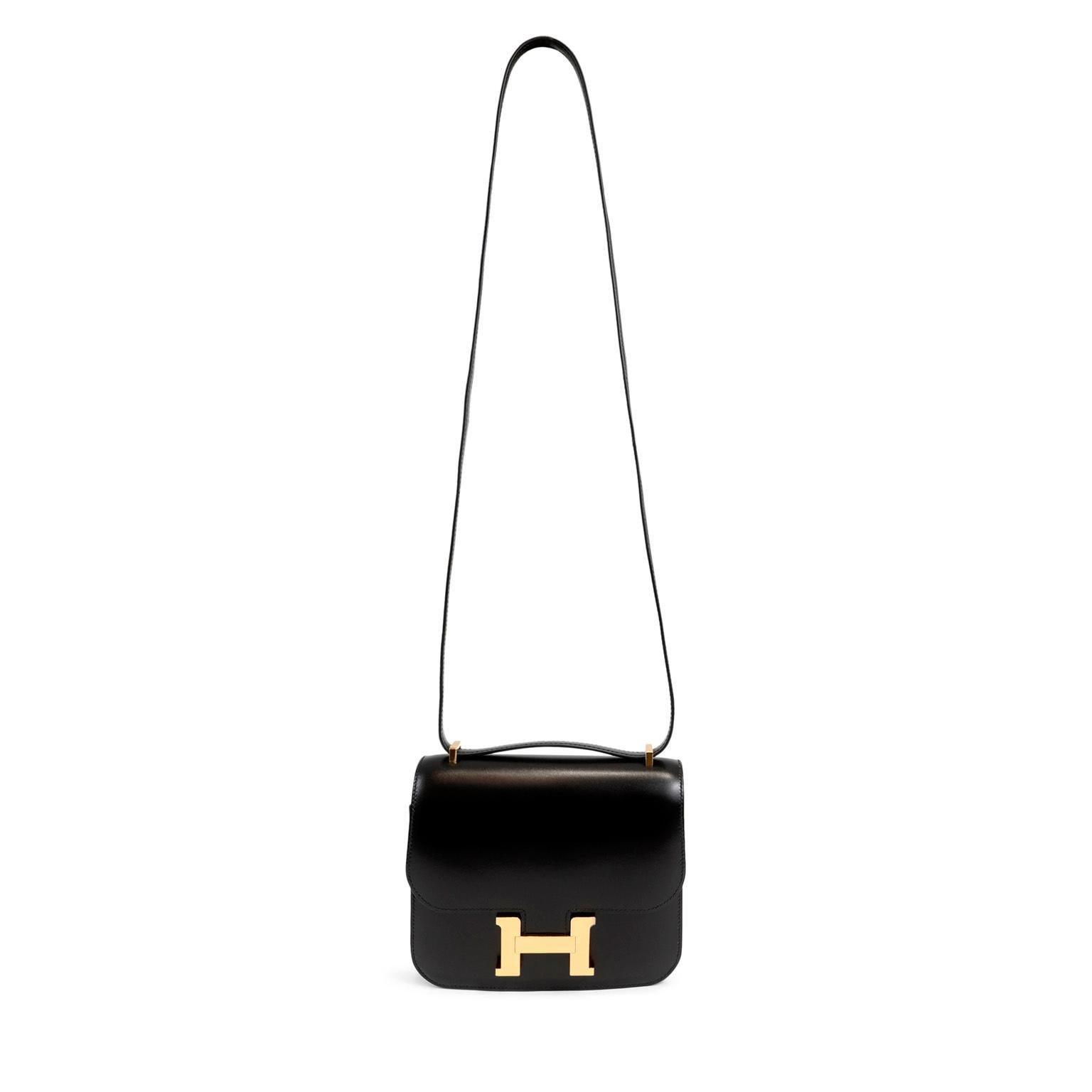 Women's Hermès Black Box Calf Mini 18 cm Constance with Gold Hardware