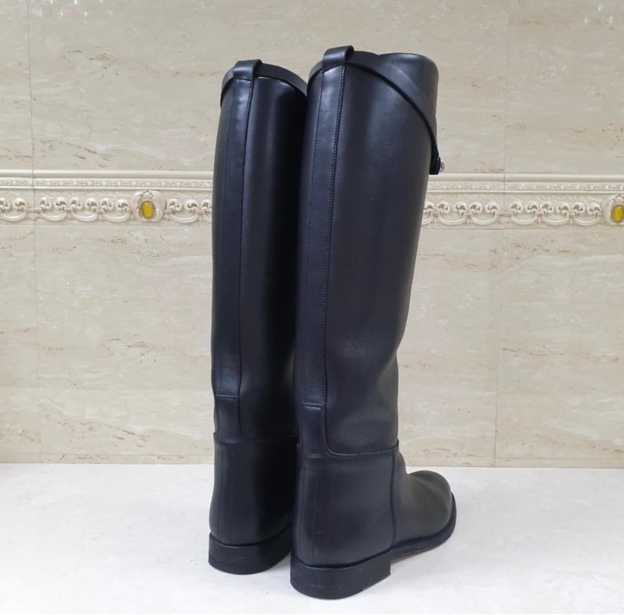 Hermes Black Box Calfskin Leather Palladium Plated Jumping Boots In Good Condition In Krakow, PL