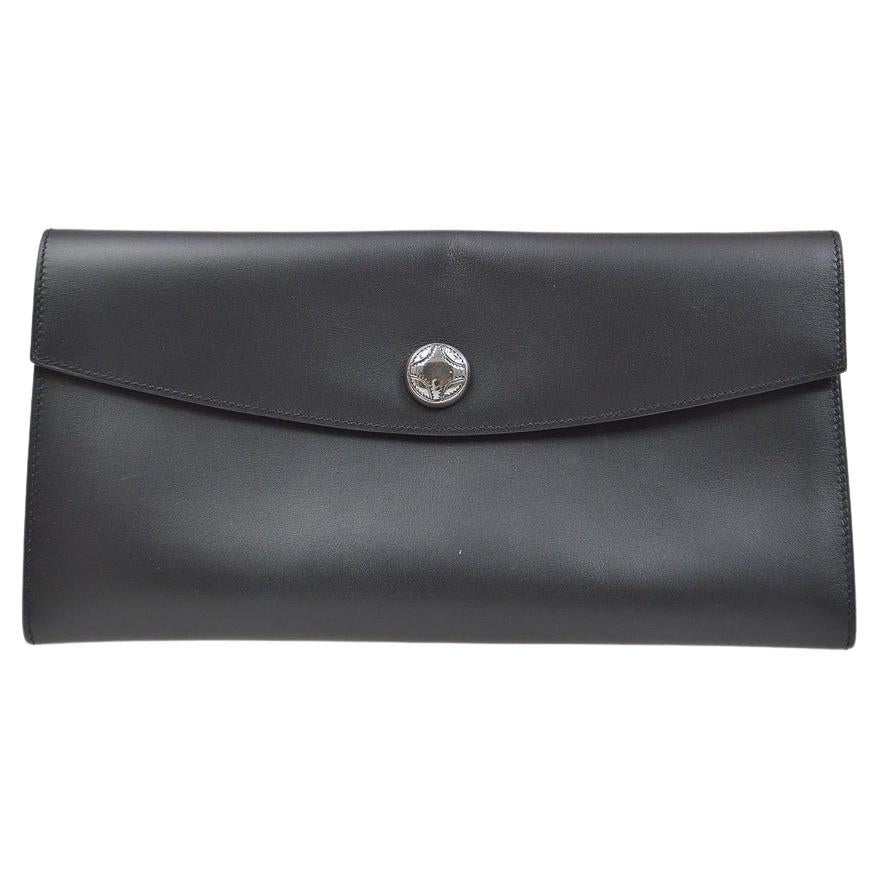 HERMES Black Box Calfskin Leather Silver Evening Envelope Party Clutch Bag 