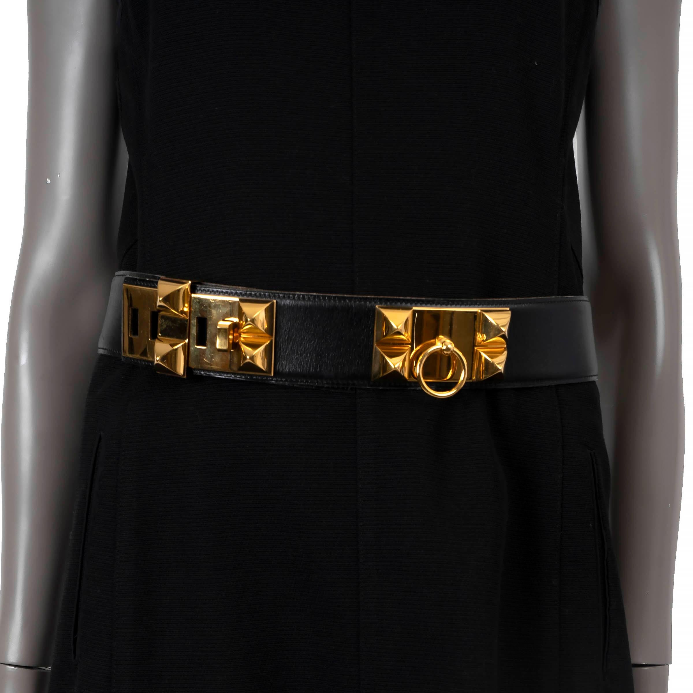 100% authentic Hermès Collier de Chien 50 waist belt in black Box leather featuring gold-plated hardware. Has been worn and shows faint scratches to the hardware. Overall in excellent condition. Comes with box and dust bag. 

Measurements
Tag