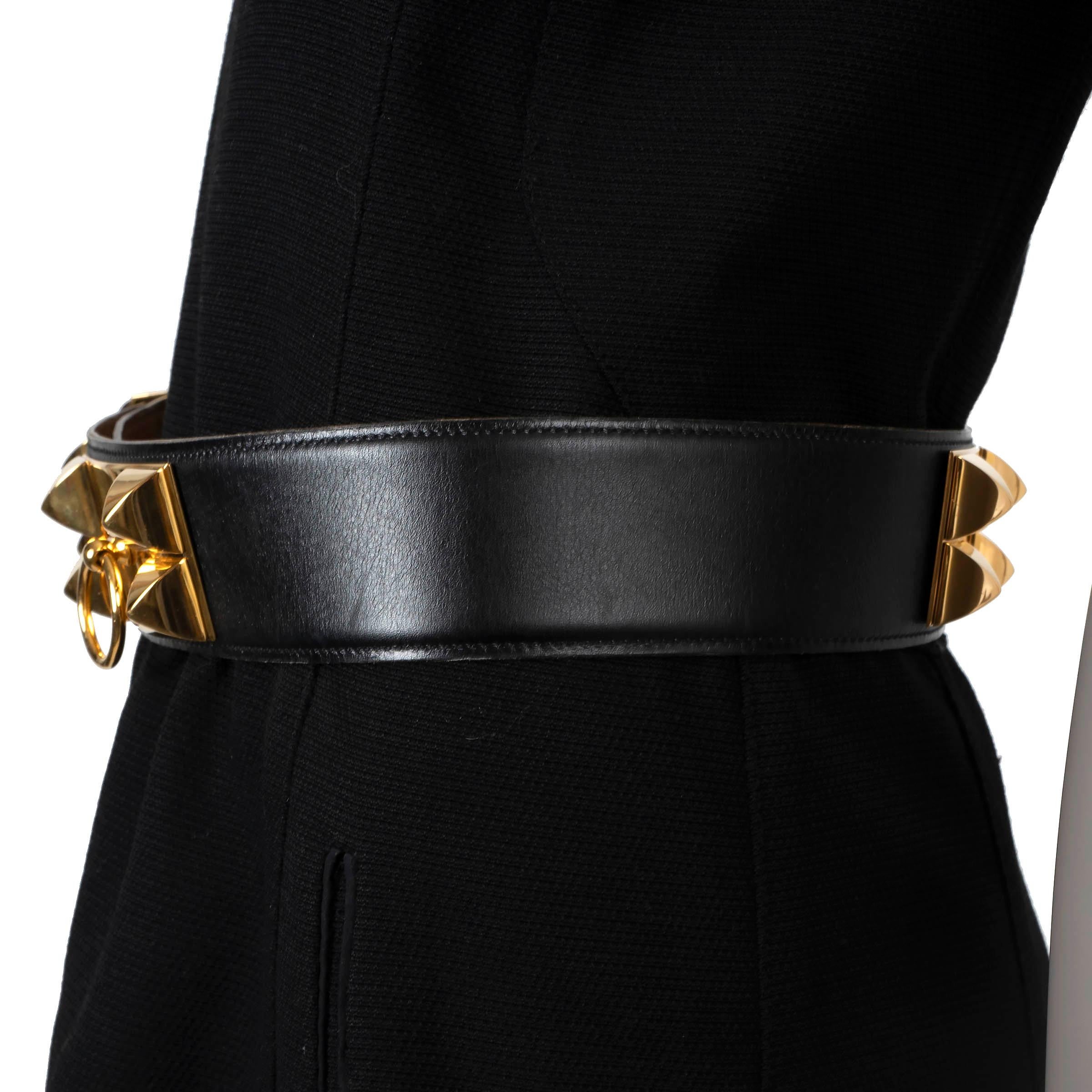 Black HERMES black Box leather COLLIER DE CHIEN 50mm Belt 80 For Sale