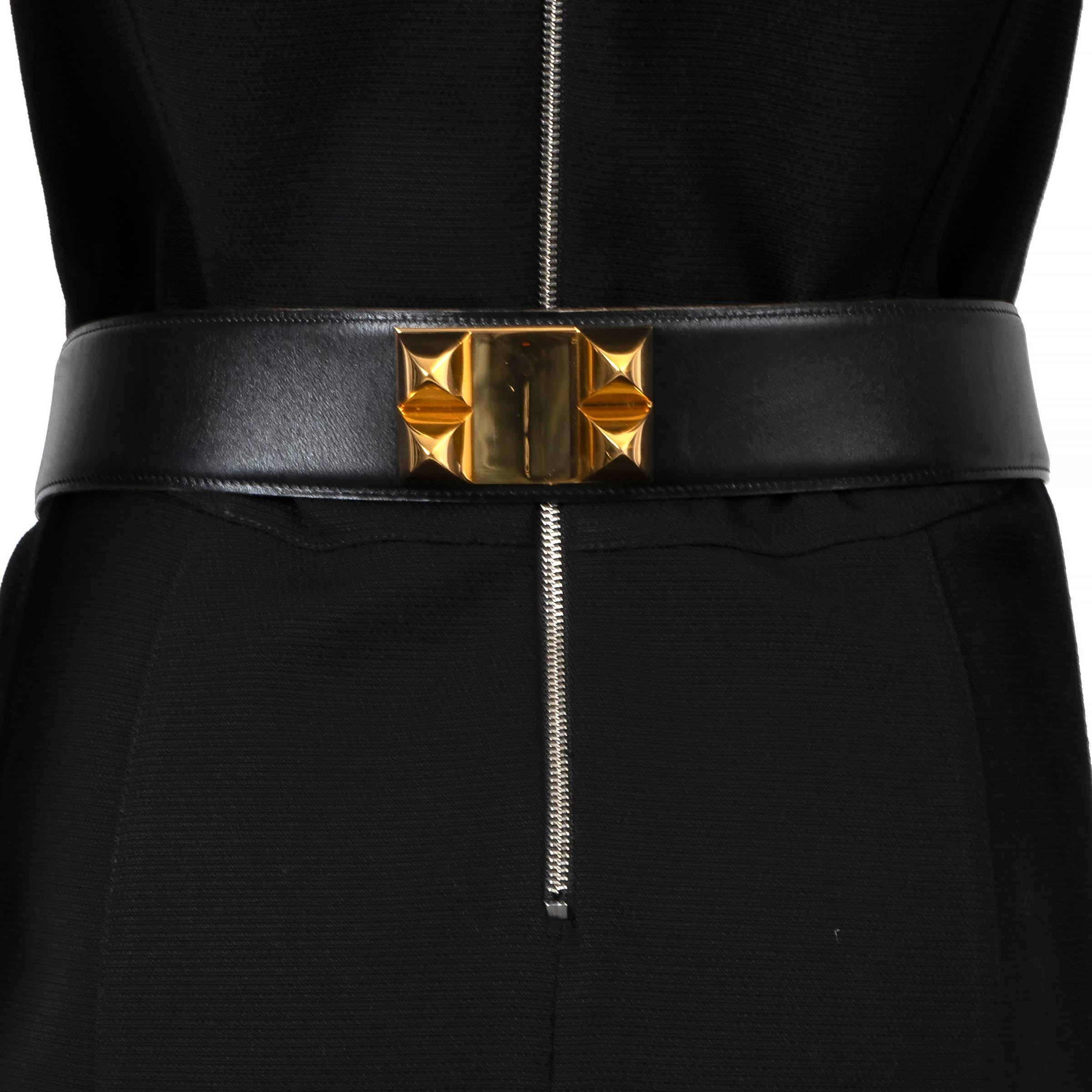 Women's HERMES black Box leather COLLIER DE CHIEN 50mm Belt 80 For Sale