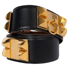 HERMES negro Caja cuero COLLIER DE CHIEN 50mm Cinturón 80