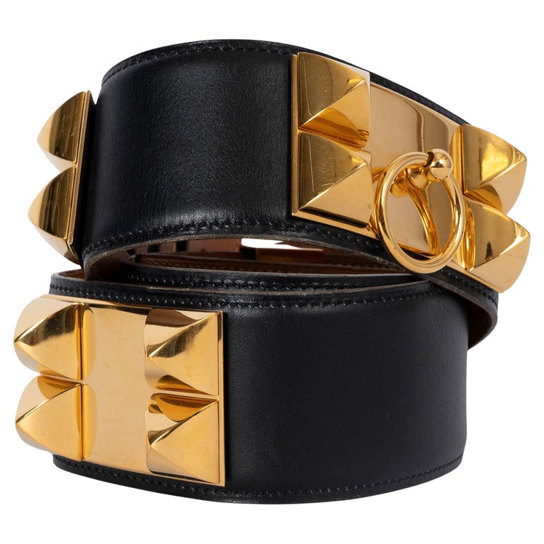 HERMES black Box leather COLLIER DE CHIEN 50mm Belt 80