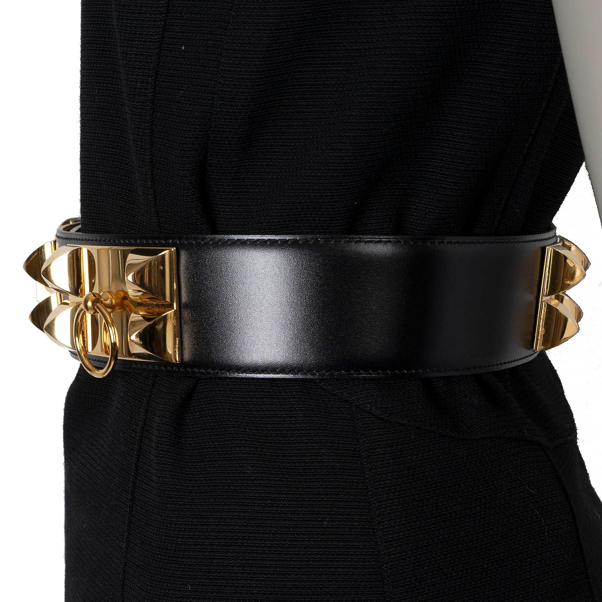 Brown HERMES black Box leather COLLIER DE CHIEN 50mm Waist Belt 70