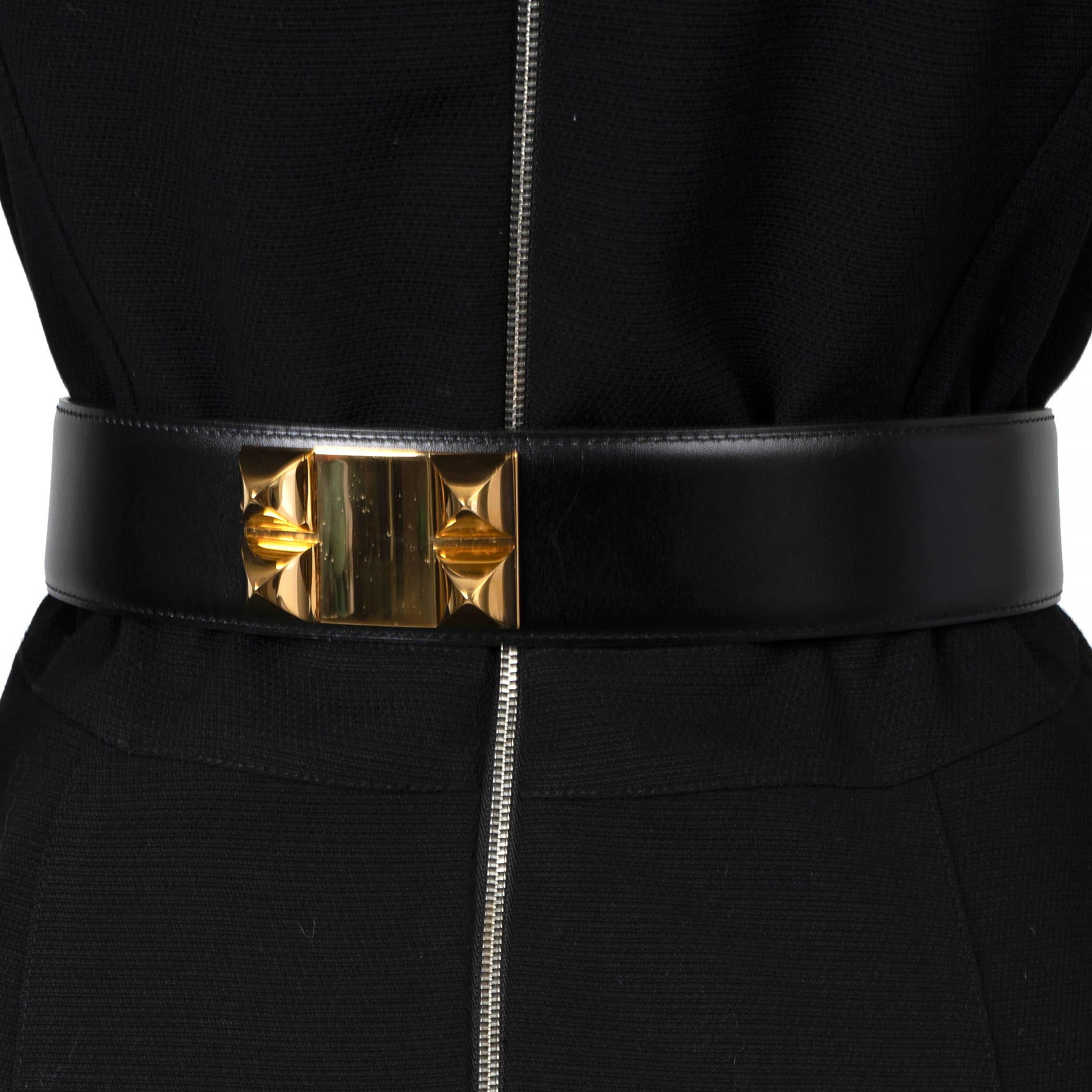 Women's HERMES black Box leather COLLIER DE CHIEN 50mm Waist Belt 70