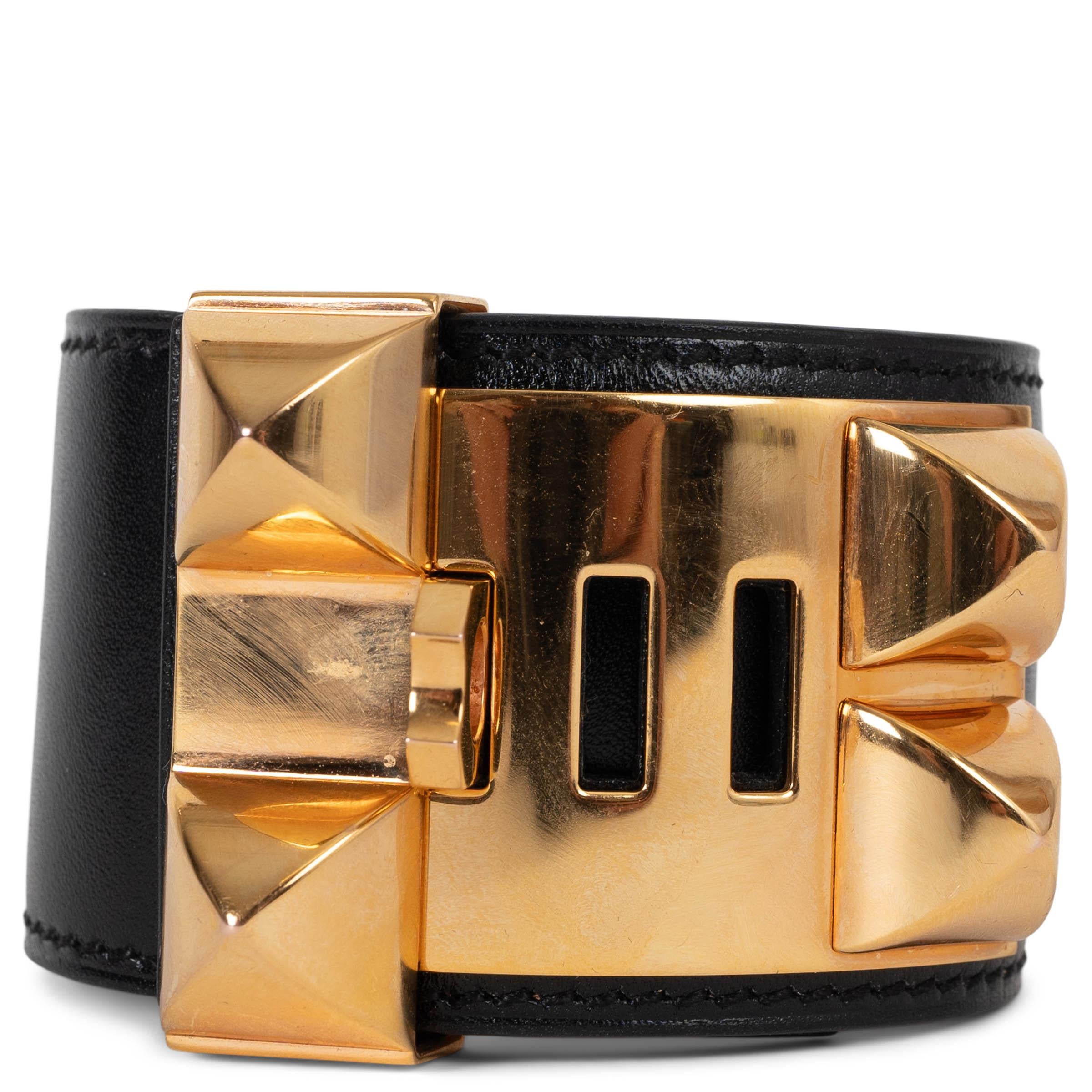 Women's HERMES black Box leather COLLIER DE CHIEN Cuff Bracelet T2