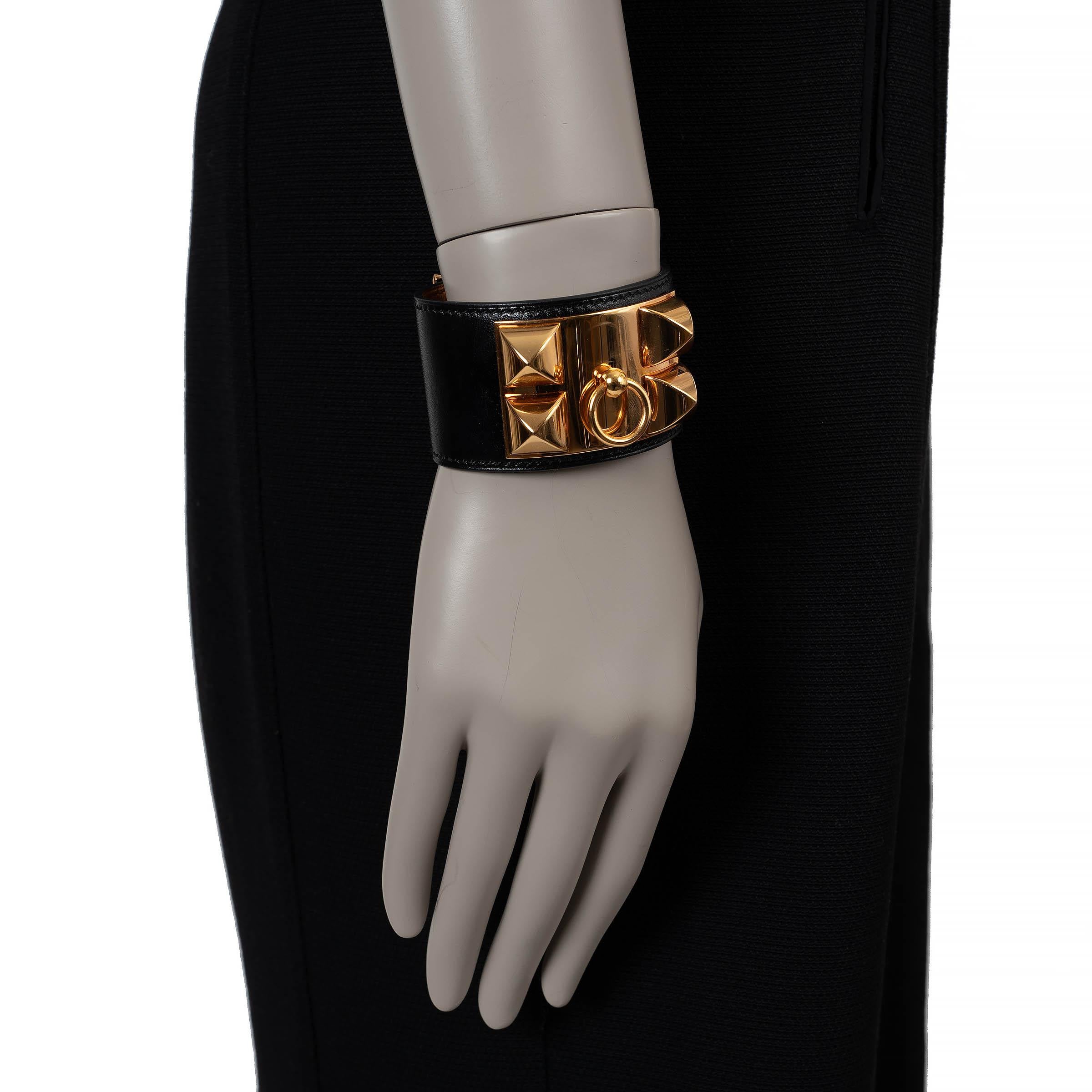 HERMES black Box leather COLLIER DE CHIEN Cuff Bracelet T2 1