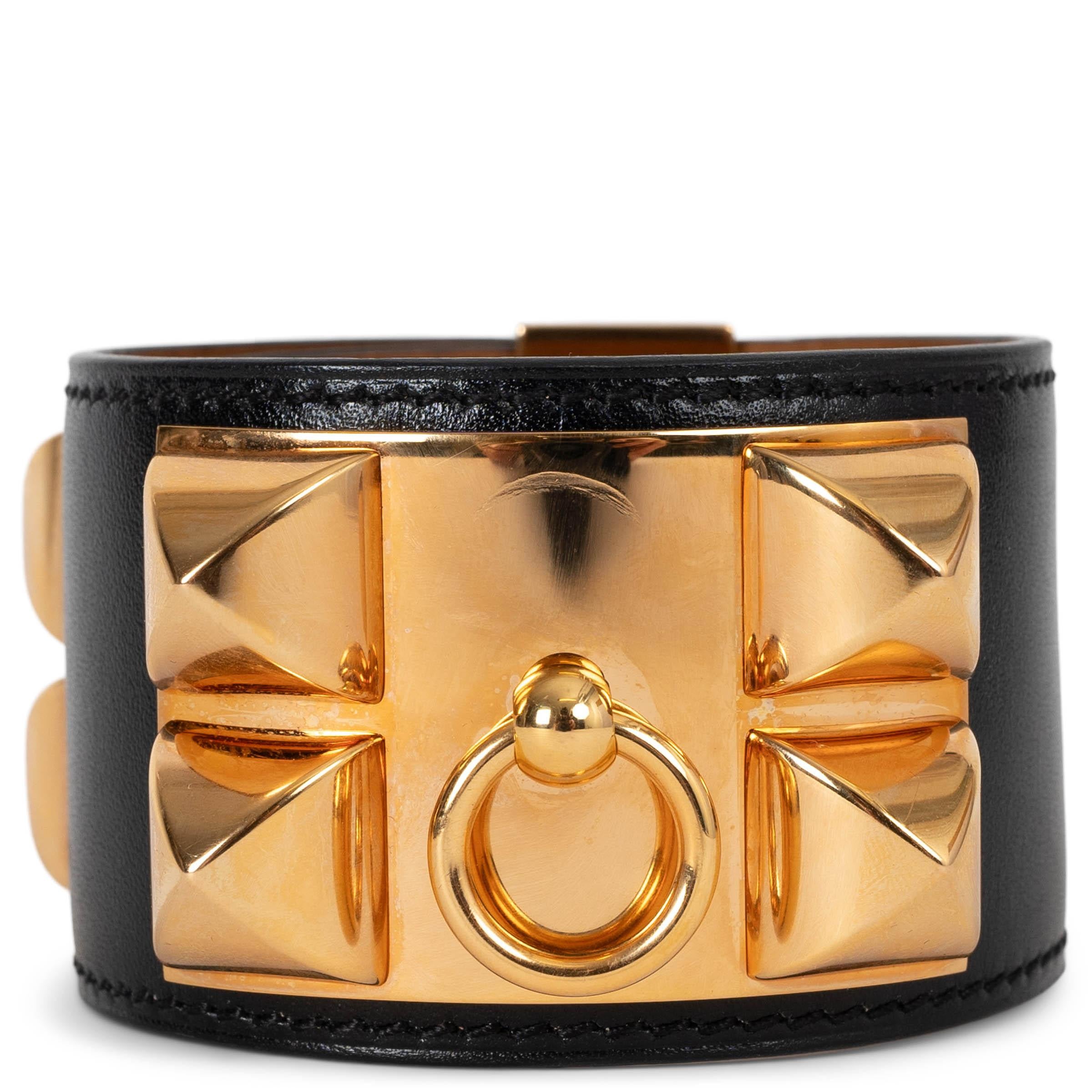 HERMES black Box leather COLLIER DE CHIEN Cuff Bracelet T2
