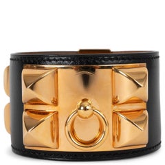 HERMES black Box leather COLLIER DE CHIEN Cuff Bracelet T2