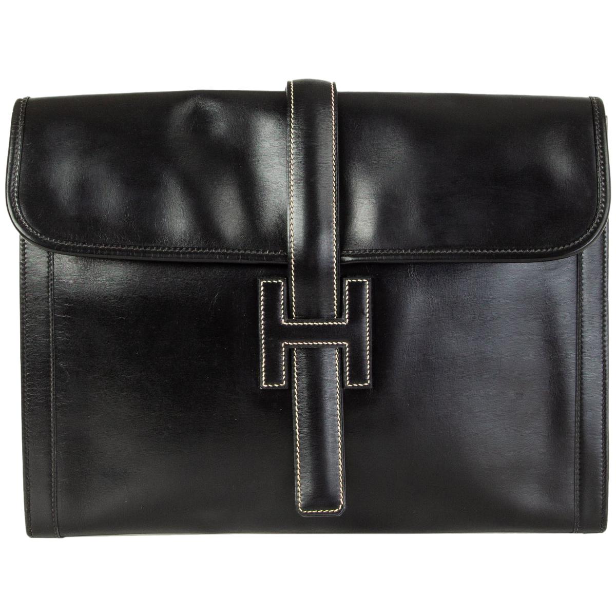 HERMES black Box leather JIGE 34 Clutch Bag