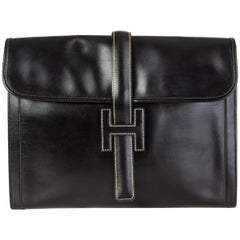 Vintage HERMES black Box leather JIGE 34 Clutch Bag