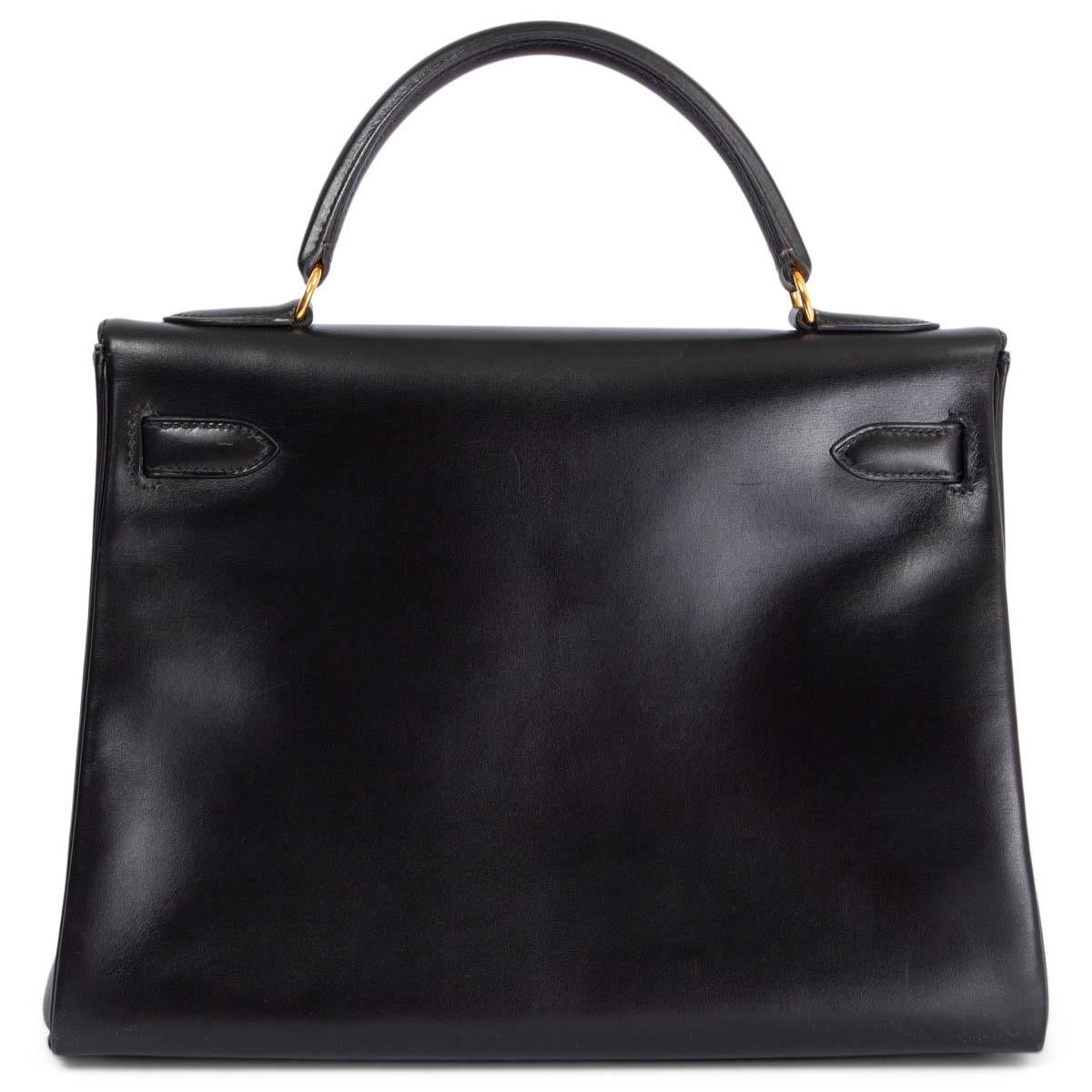 Black HERMES black BOX leather KELLY 32 RETOURNE Bag w Gold For Sale