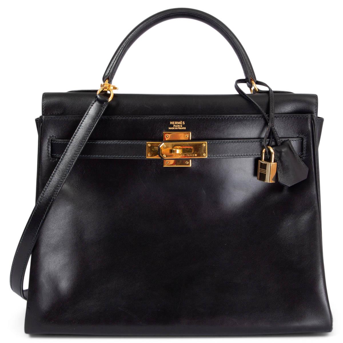 Women's HERMES black BOX leather KELLY 32 RETOURNE Bag w Gold For Sale