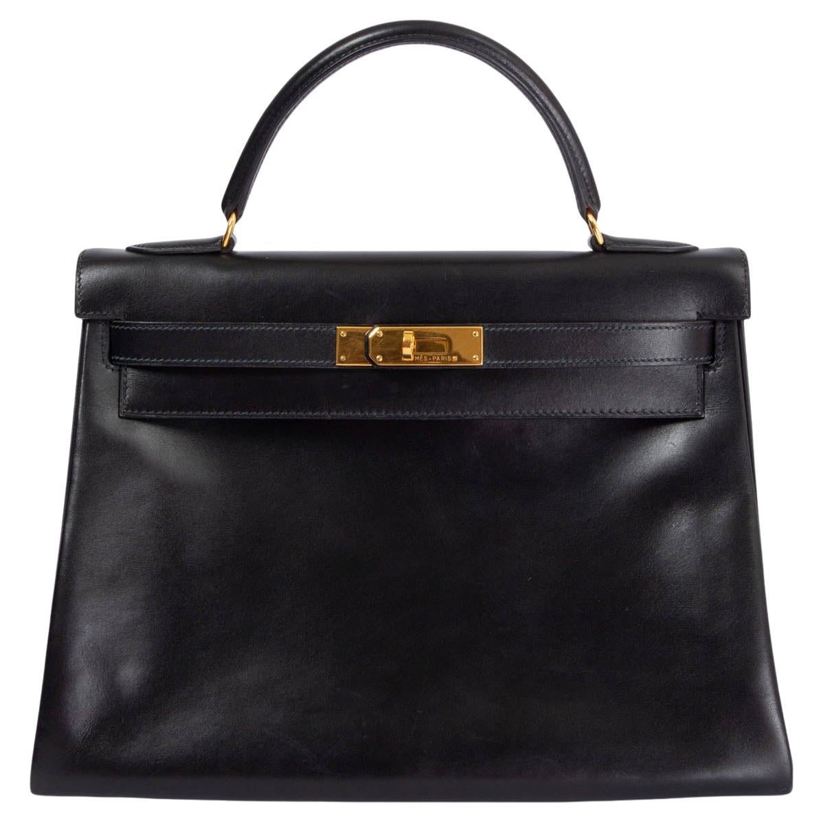 HERMES black BOX leather KELLY 32 RETOURNE Bag w Gold For Sale