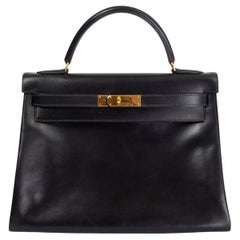 Vintage HERMES black BOX leather KELLY 32 RETOURNE Bag w Gold