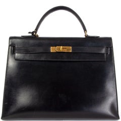 HERMES black Box leather KELLY 35 SELLIER Bag Gold