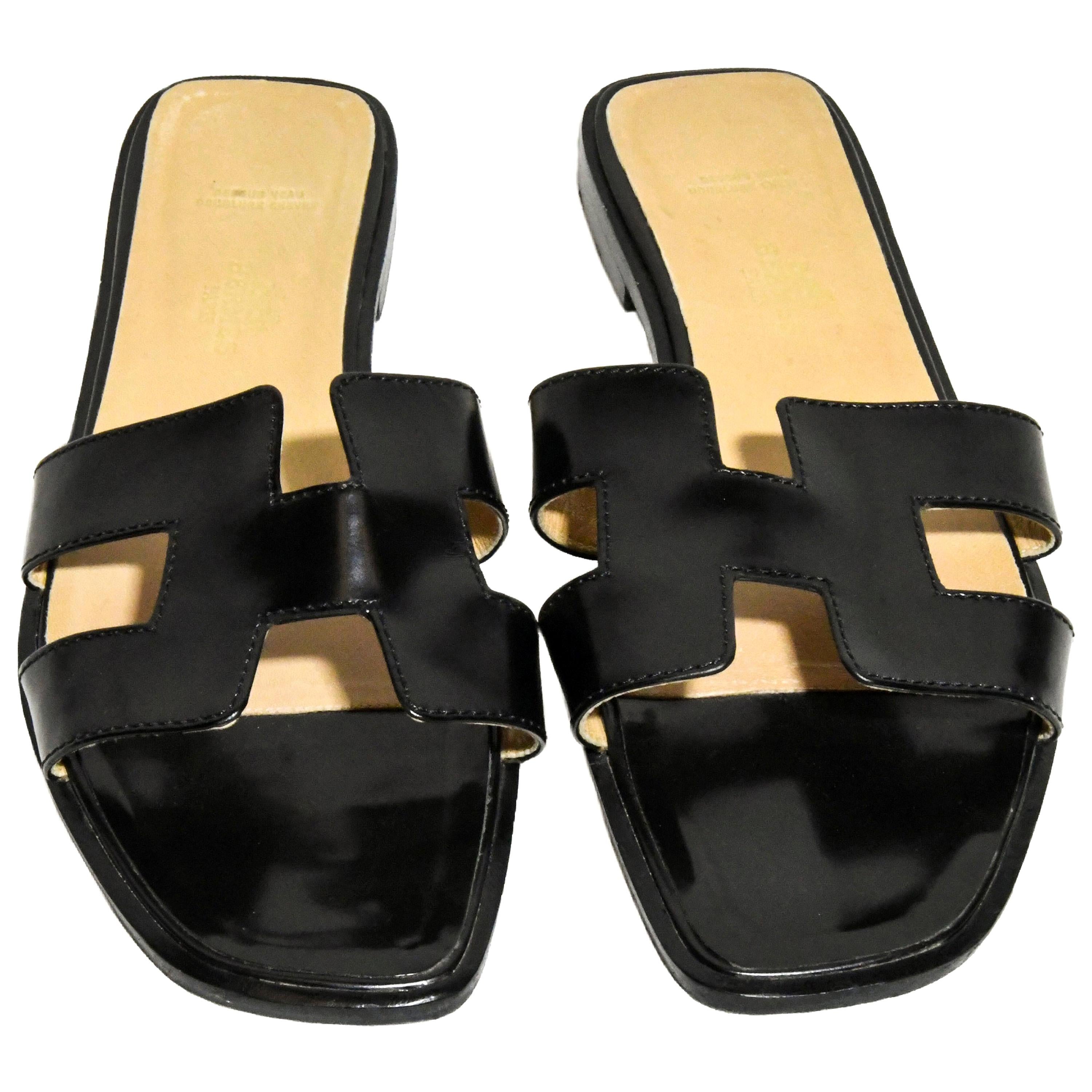 Hermes Black Box Leather Oran Sandals With H Crossover Hermes Strap at ...