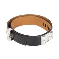 HERMES black Box leather & Palladium COLLIER DE CHIEN Belt 90