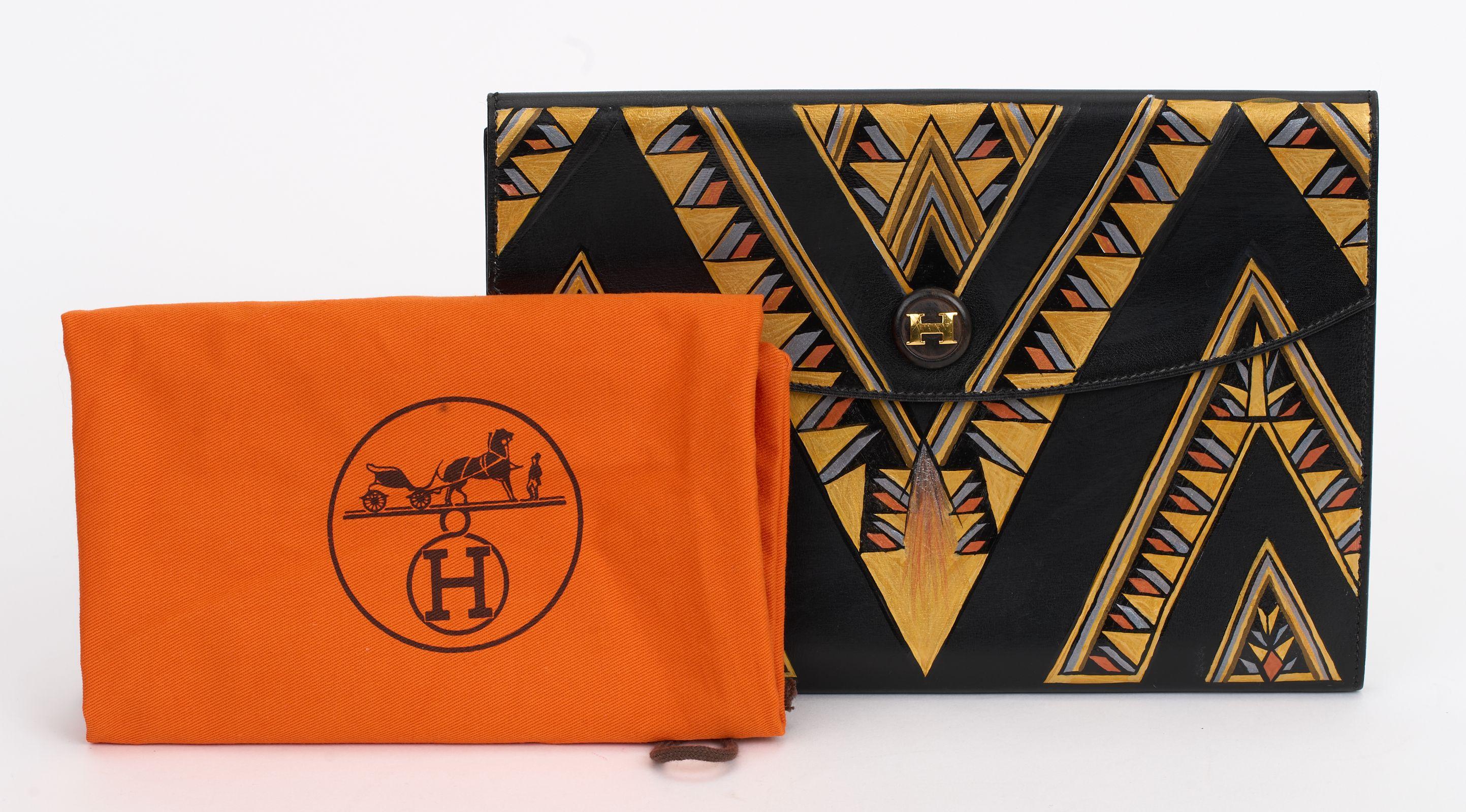 Hermès Boîte noire Pochette Rio peinte à la main en vente 4