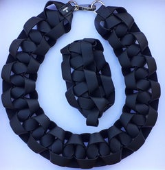 Hermès Black Braided Leather Bracelet and Necklace Set Petit H Rare