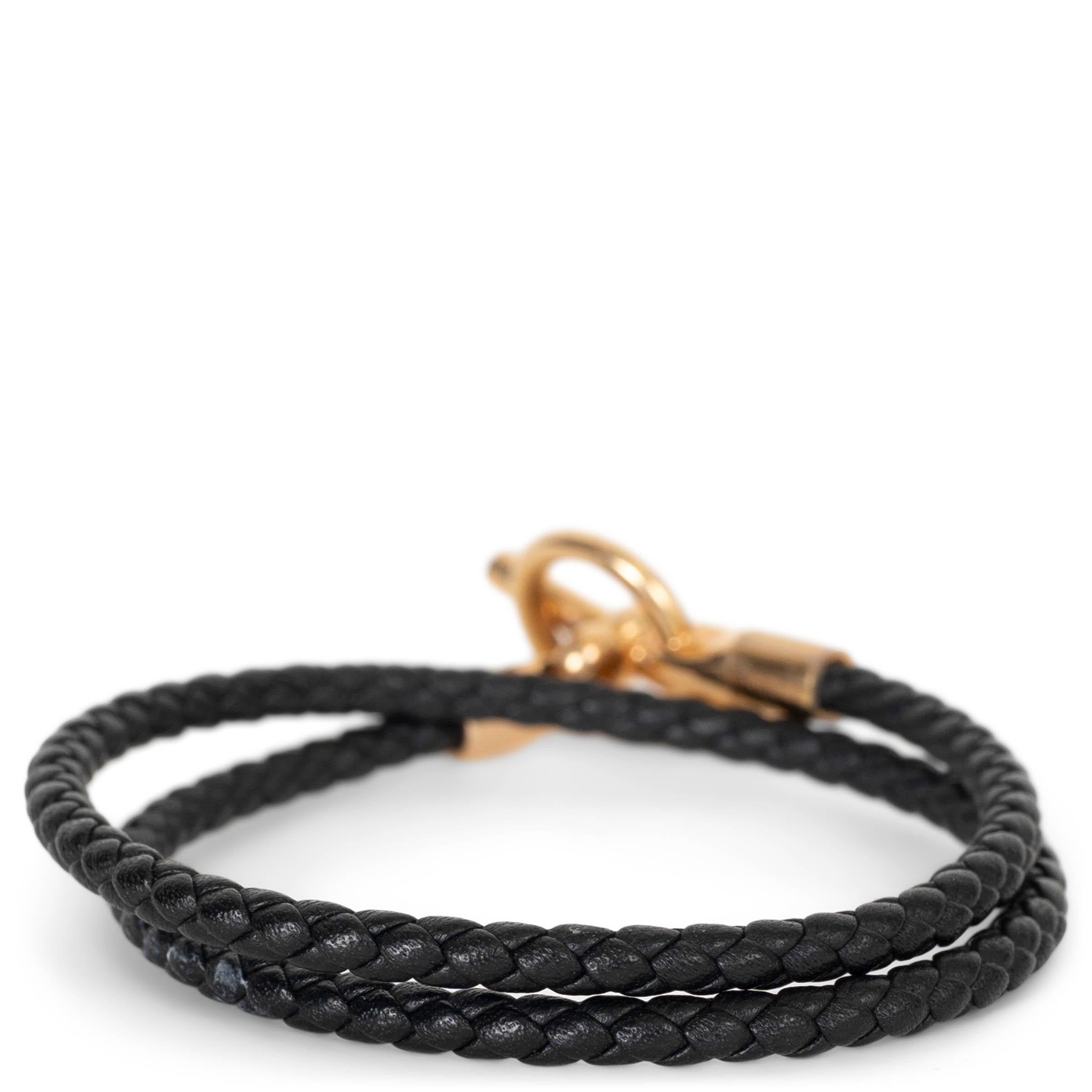 HERMES black braided leather GLENAN DOUBLE TOUR Bracelet RGHW In Excellent Condition For Sale In Zürich, CH