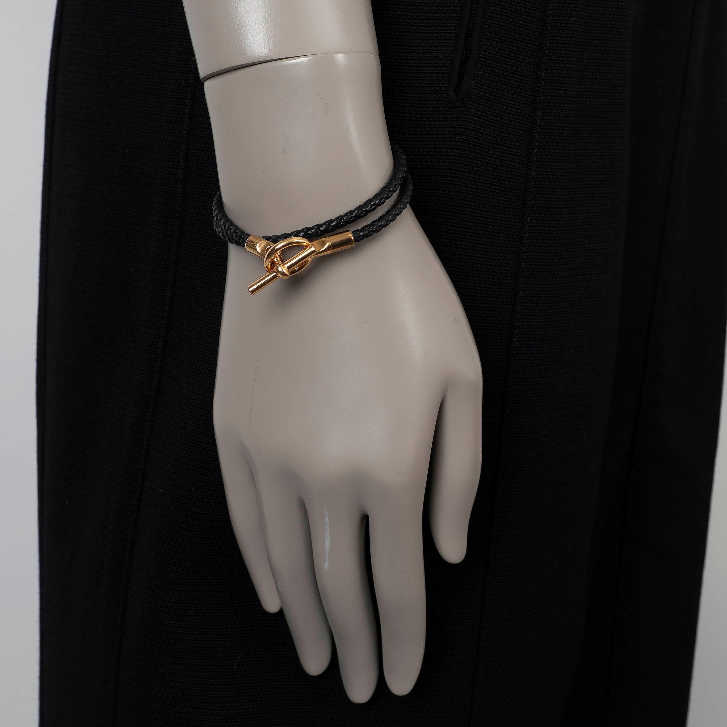 HERMES black braided leather GLENAN DOUBLE TOUR Bracelet RGHW For Sale 1