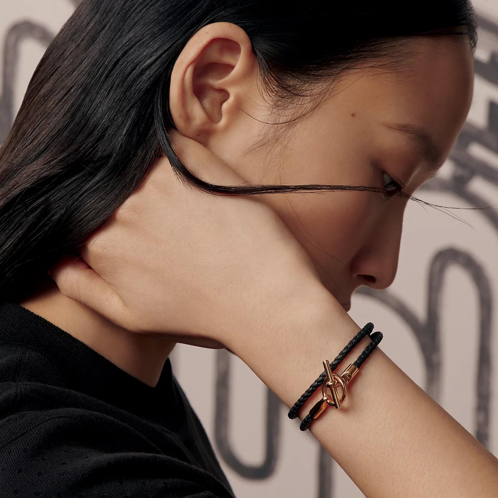 HERMES black braided leather GLENAN DOUBLE TOUR Bracelet RGHW For Sale 2