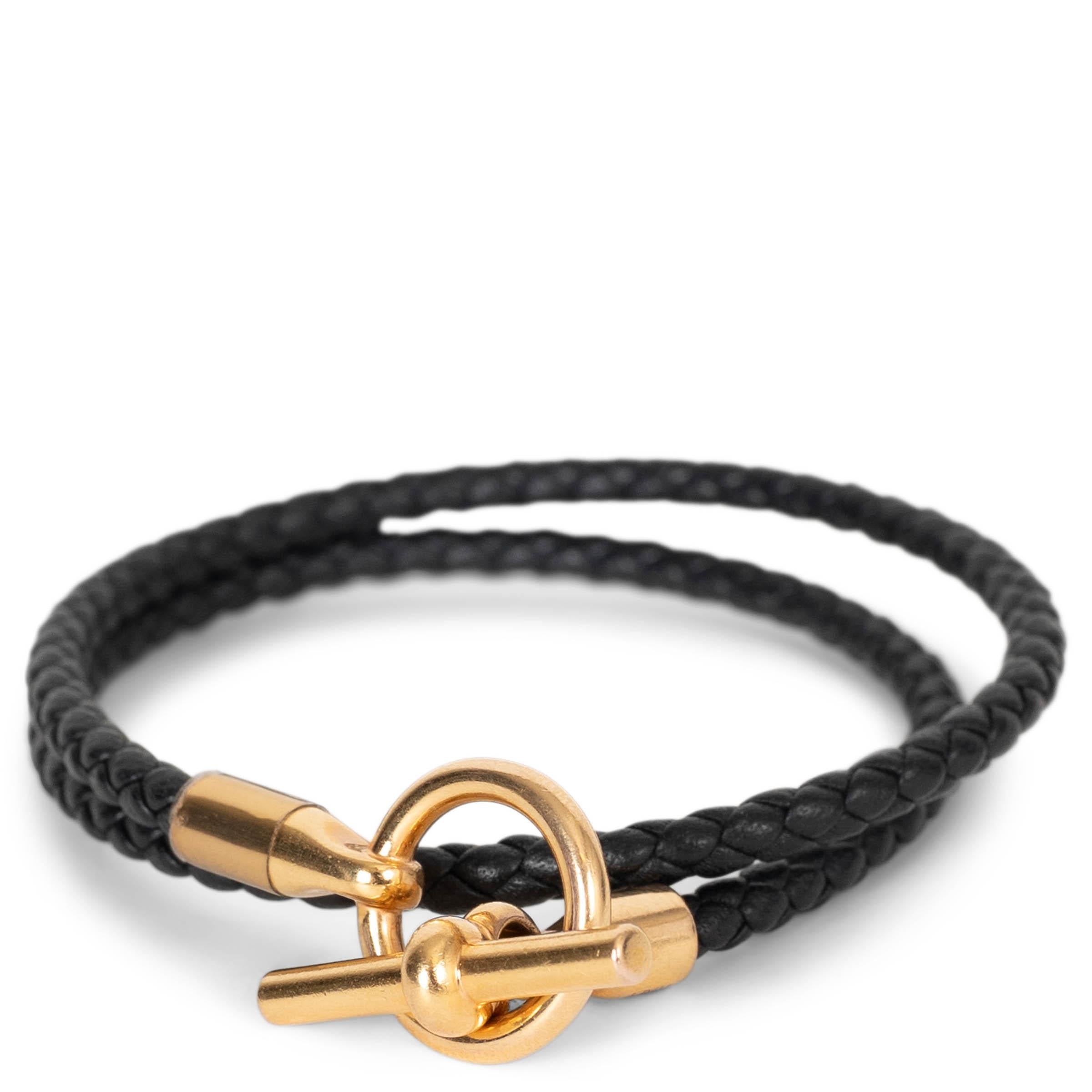 HERMES black braided leather GLENAN DOUBLE TOUR Bracelet RGHW For Sale