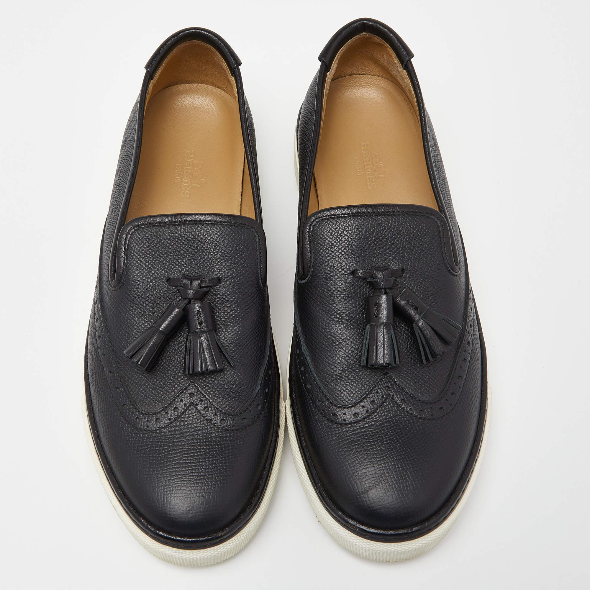 Hermes Black Brogue Leather Tassel Slip On Sneakers Size 38 In Excellent Condition In Dubai, Al Qouz 2