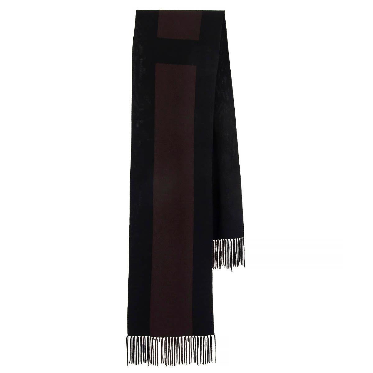 HERMES black & brown cashmere wool H Muffler Shawl Scarf In Excellent Condition For Sale In Zürich, CH
