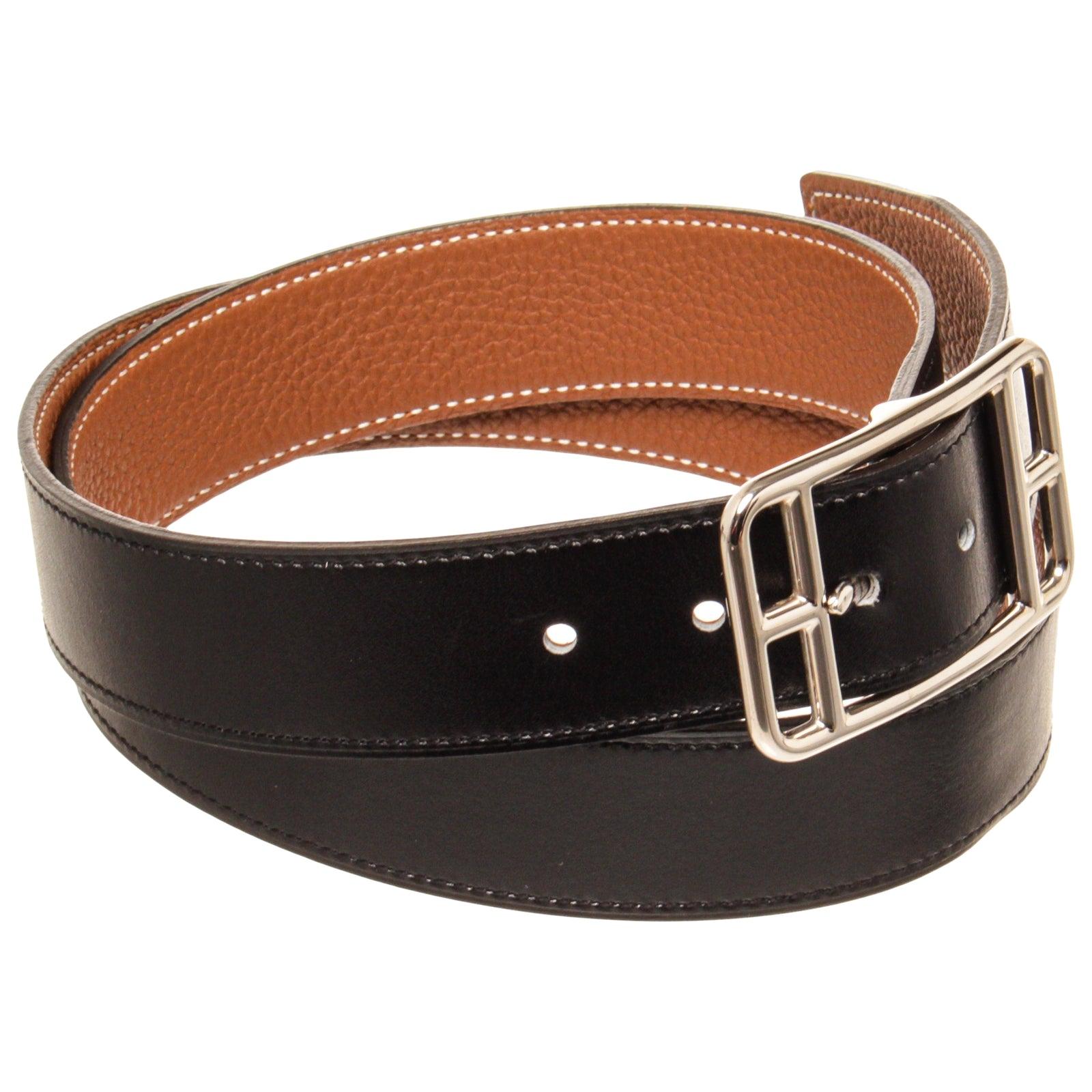 Cintura Cape Cod Reva in pelle nera e marrone di Hermes con cuciture tono su tono e fibbia 