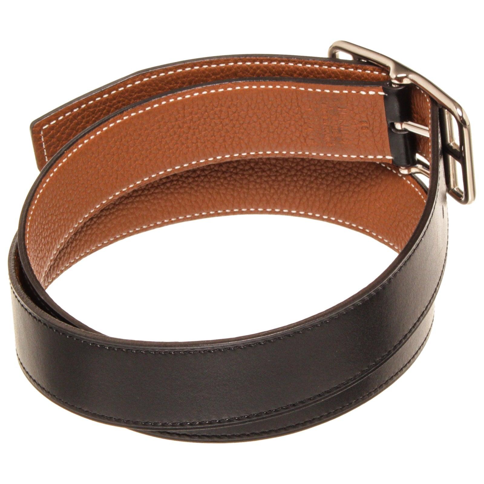 Nero Hermes Cintura Cape Cod Reva in pelle nera e marrone con cuciture tonali