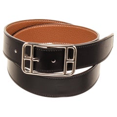 Hermes Black Brown Leather Cape Cod Reva Belt with tonal stitching 