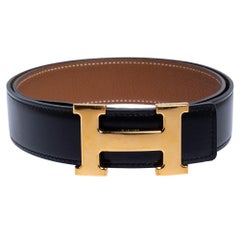 Hermes Black/Brown Leather Constance Reversible Buckle Belt 80CM