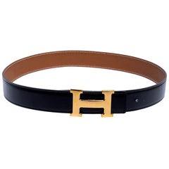 Hermes Black/Brown Leather Constance Reversible Buckle Belt 80CM