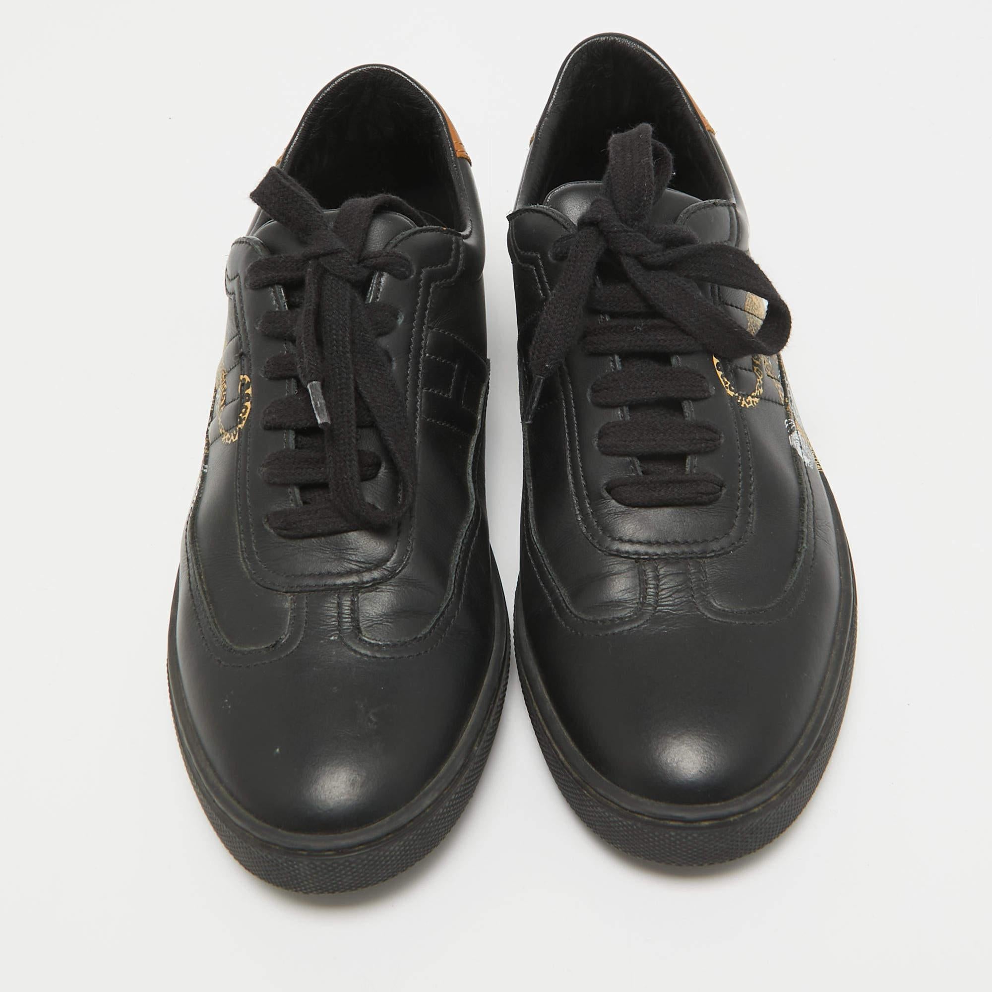 Hermes Black/Brown Leather Jaguar Quicker Sneakers Size 38 In Good Condition In Dubai, Al Qouz 2