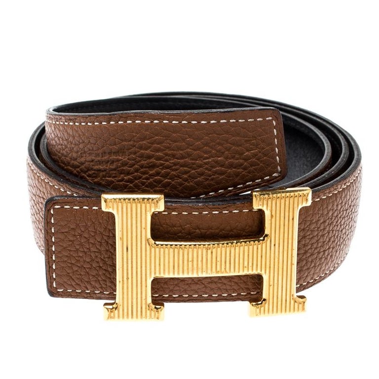 Hermès Black/Brown Leather Reversible Gold Grooved Finished H Buckle ...
