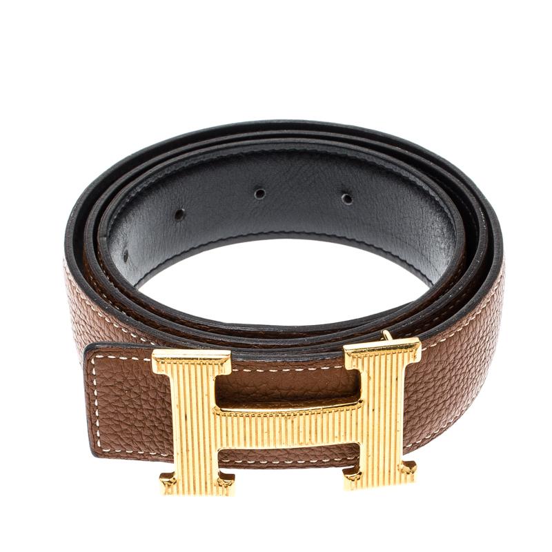 Hermès Black/Brown Leather Reversible Gold Grooved Finished H Buckle Belt 85cm In Good Condition In Dubai, Al Qouz 2