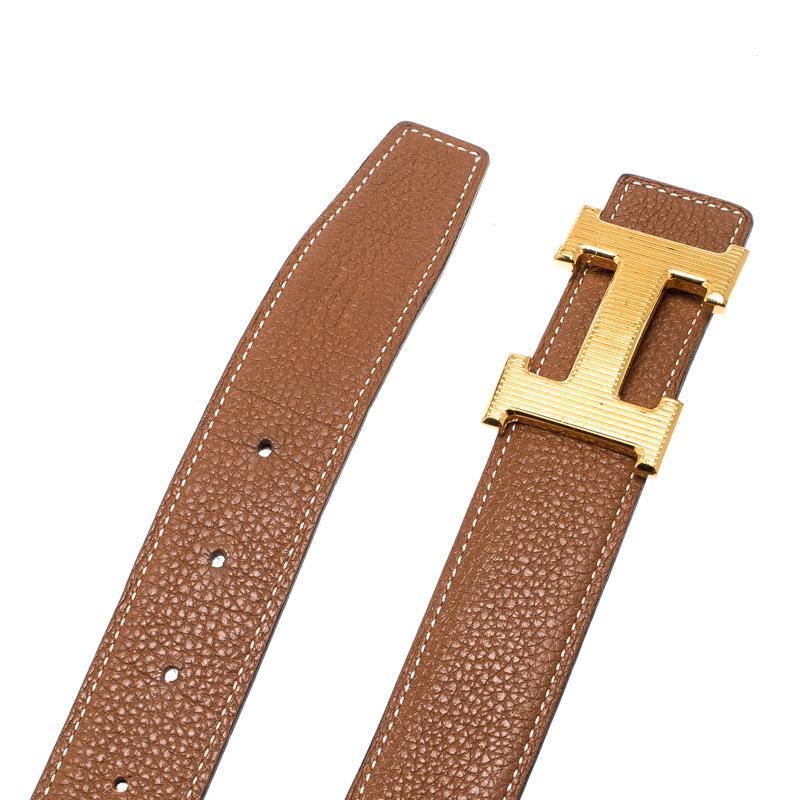 Men's Hermès Black/Brown Leather Reversible Gold Grooved Finished H Buckle Belt 85cm
