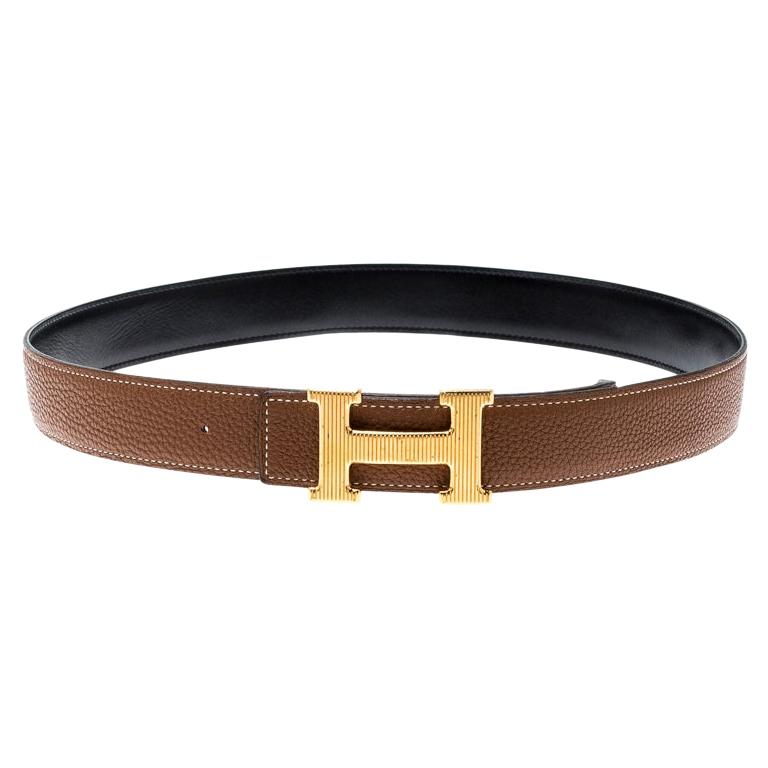 Hermès Black/Brown Leather Reversible Gold Grooved Finished H Buckle Belt 85cm