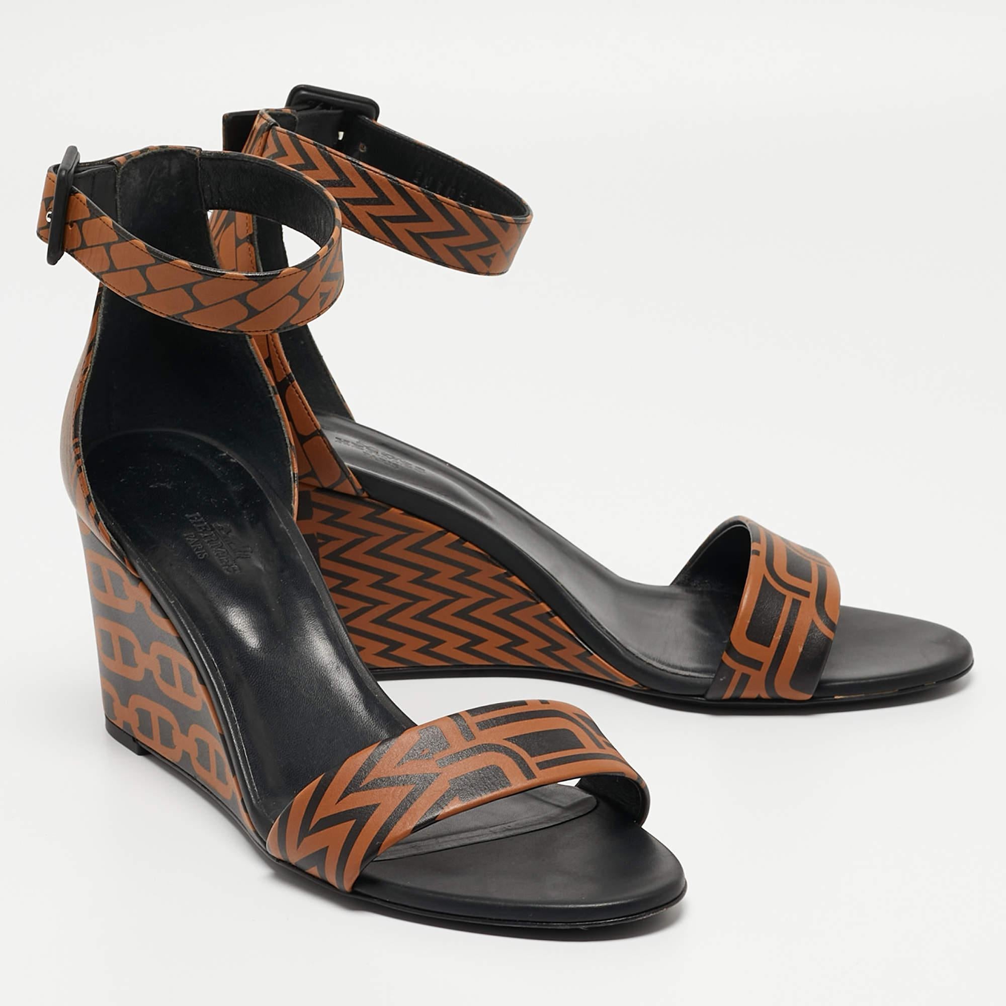 Women's Hermes Black/Brown Printed Leather Acapulco Wedge Sandals Size 40