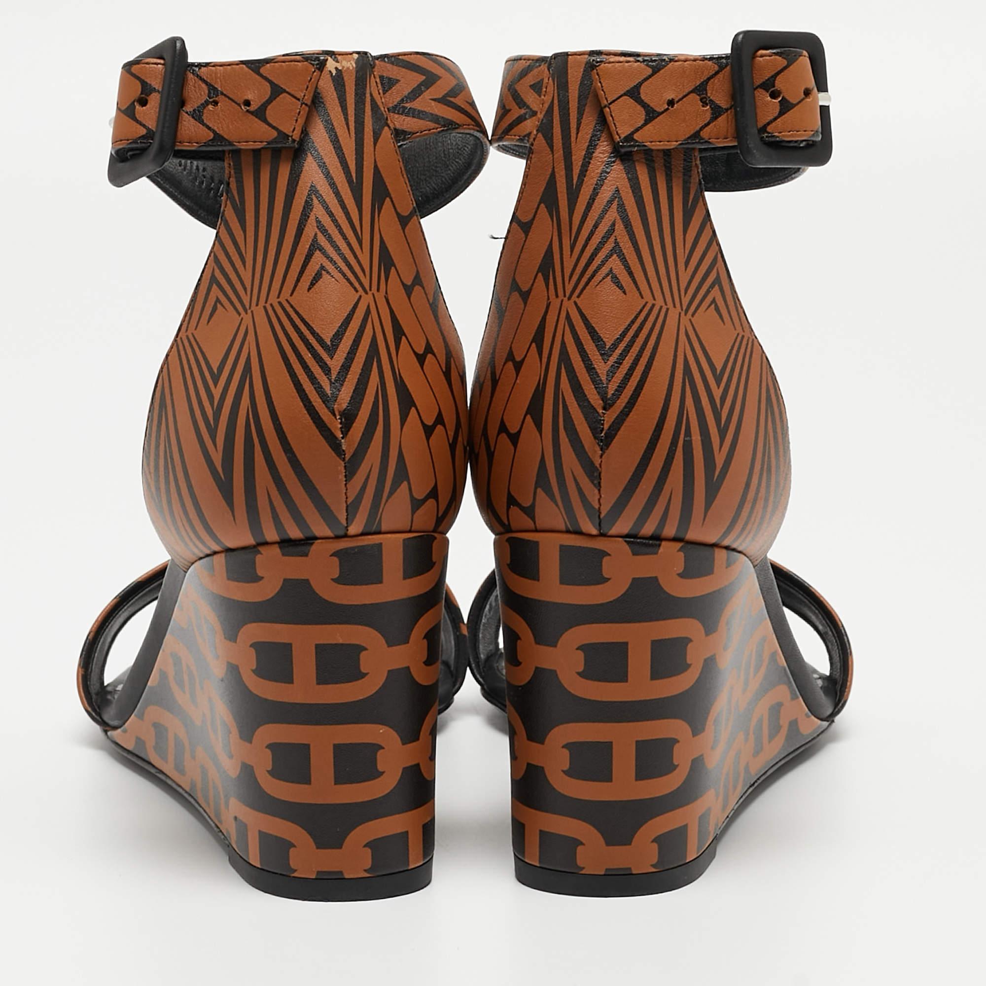 Hermes Black/Brown Printed Leather Acapulco Wedge Sandals Size 40 2