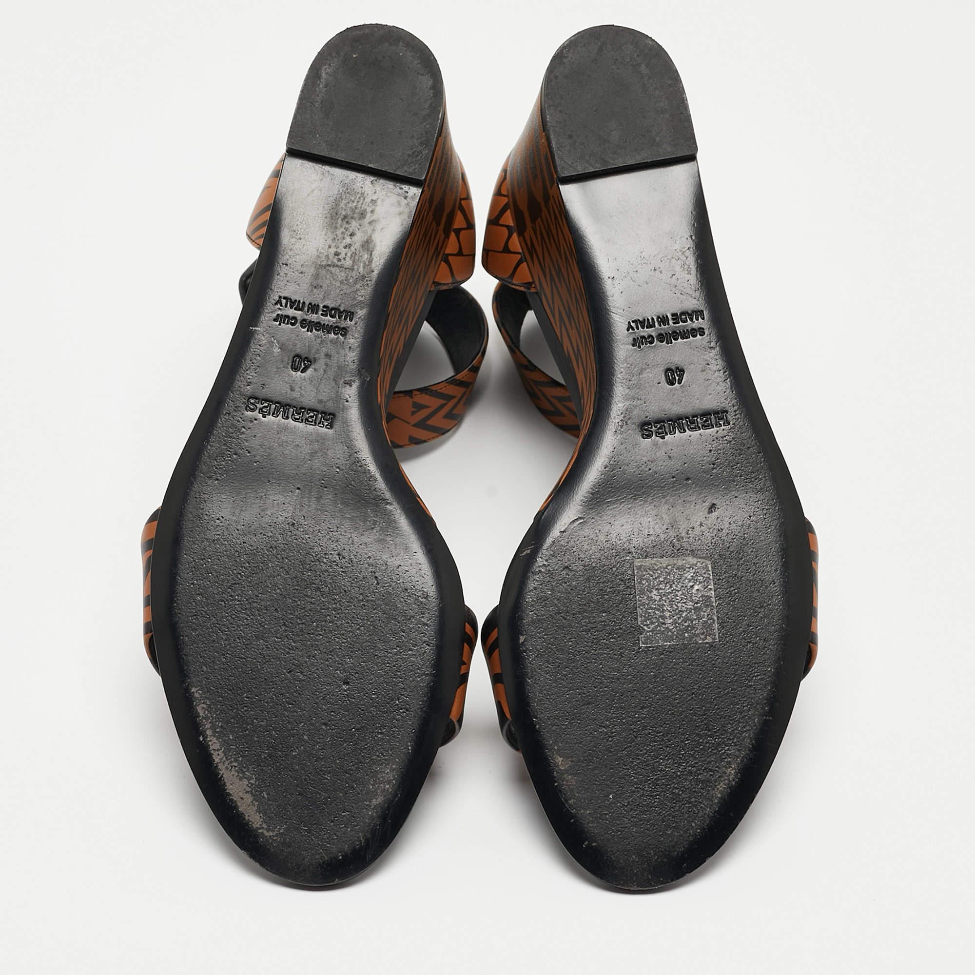 Hermes Black/Brown Printed Leather Acapulco Wedge Sandals Size 40 3