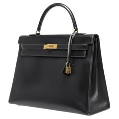 HERMÈS BLACK CALF BOX LEATHER RETOURNÉ "KELLY" 35 "Sac à Dépêches"