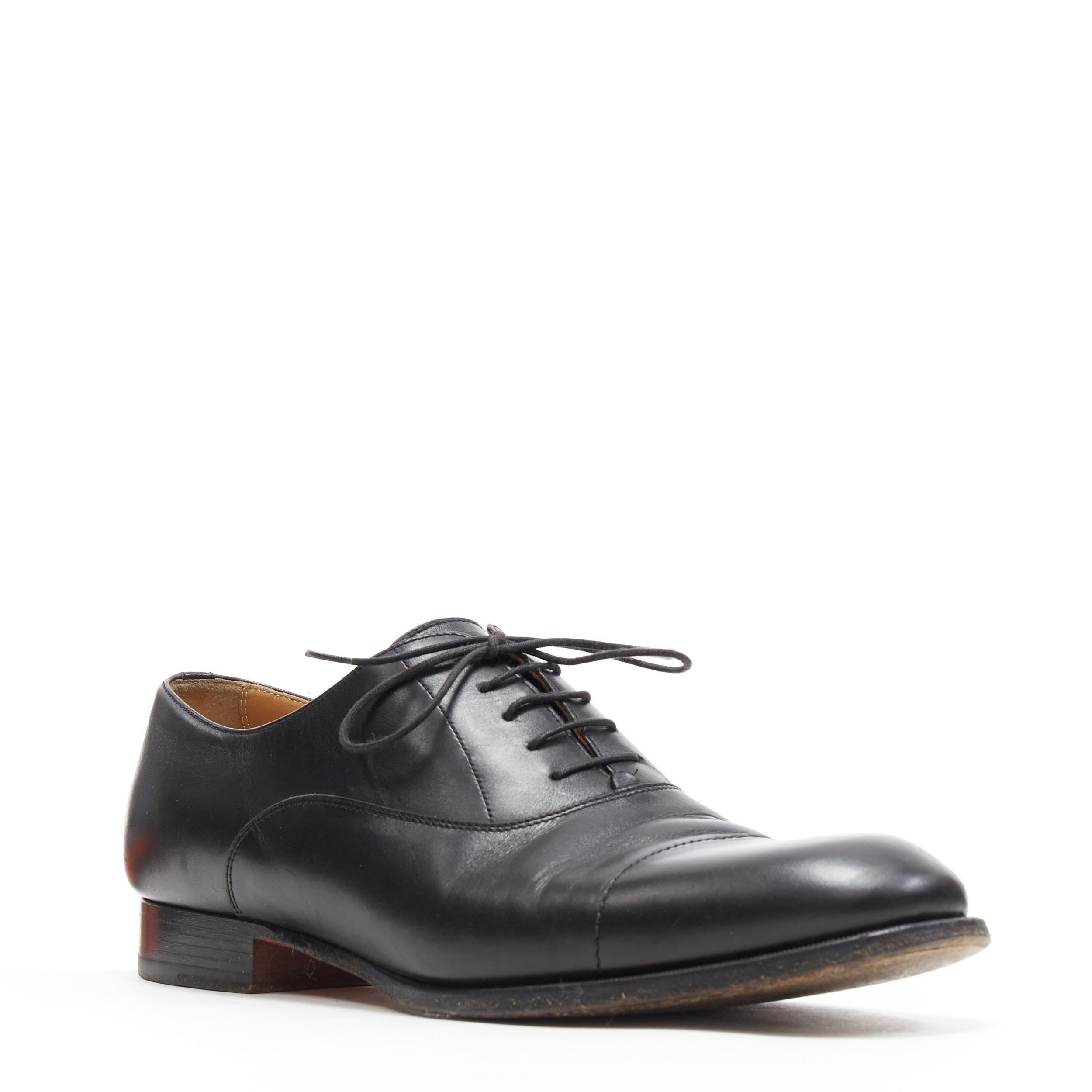 HERMES black calf leather 5-eyelet lace up derby oxford dress shoes EU43.5
Brand: Hermes
Model Name / Style: Oxford shoes
Material: Leather
Color: Black
Pattern: Solid
Closure: Lace up
Extra Detail: Low (1-1.9 in) heel height. Almond toe.
Made in: