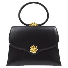 HERMES Black Calfskin Leather Gold Sun Kelly Style Top Handle Satchel Bag